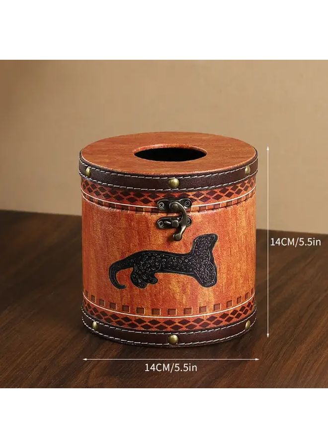 Golden Leopard Round Tissue Box Holder Rustic Wooden Dispenser For Living Room Bathroom - Image 5